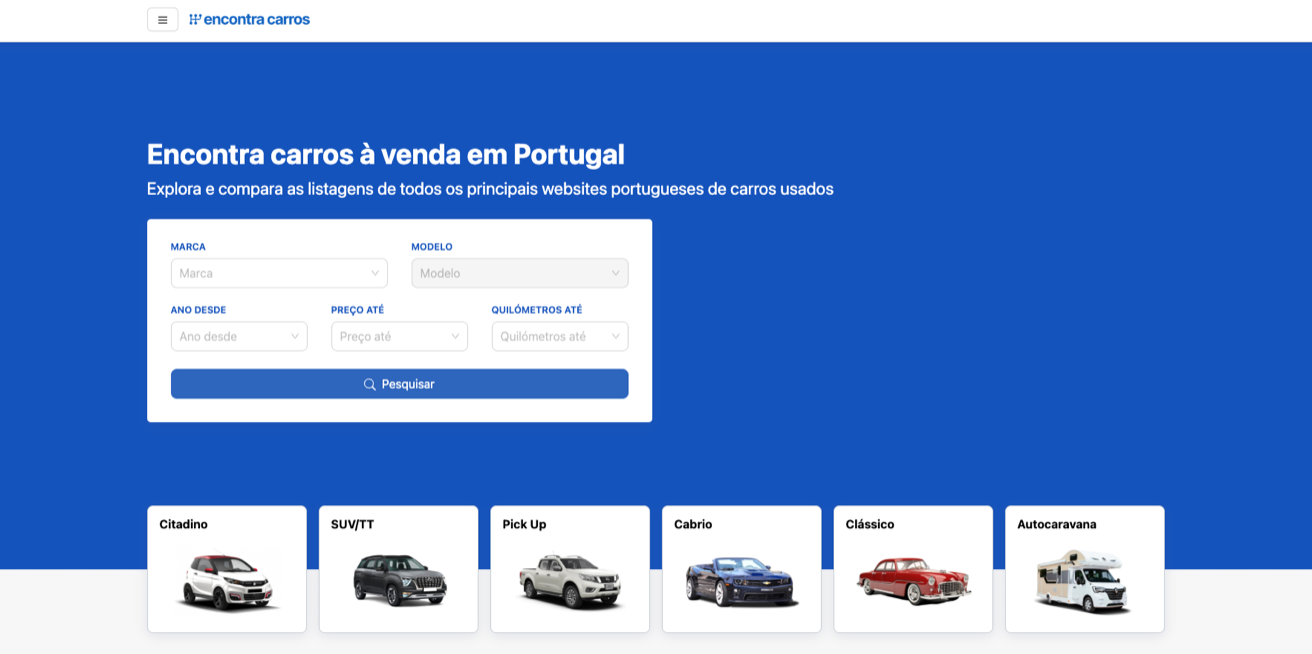 Screenshot of Encontra Carros, showing the car search interface