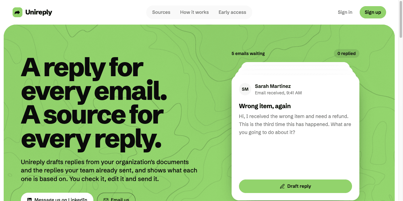 Screenshot of the Unireply home page, showing an email waiting for a drafted reply
